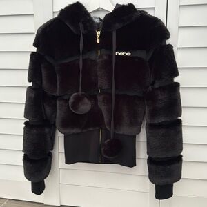 BLACK BEBE FUR HOODED JACKET